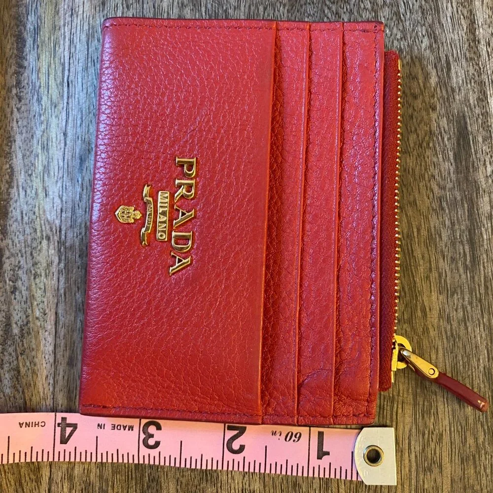 Prada red leather Moire and Saffiano card holder with gold-tone hardware - Picture 7 of 10